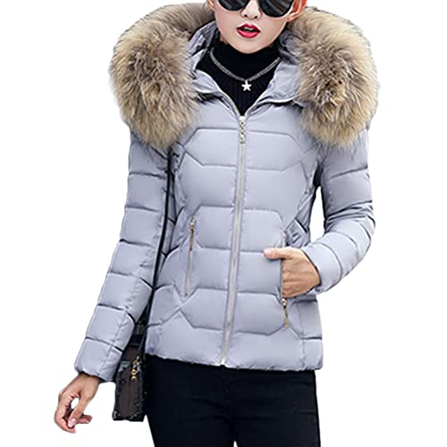 Onsoyours Damen Winter Parka Kurz Warm Steppmantel Daunenjacke mit Kunstfell Kapuze Slim Fit Reißverschluss Steppjacke Outdoor Leichte Daunenjacke Softshelljacke mit Taschen B Grau L von Onsoyours