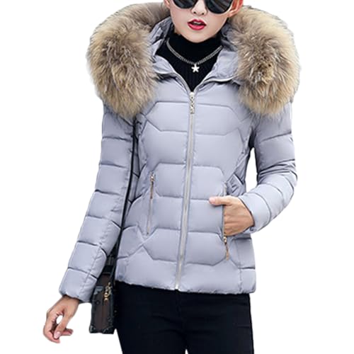Onsoyours Damen Winter Parka Kurz Warm Steppmantel Daunenjacke mit Kunstfell Kapuze Slim Fit Reißverschluss Steppjacke Outdoor Leichte Daunenjacke Softshelljacke mit Taschen B Grau L von Onsoyours