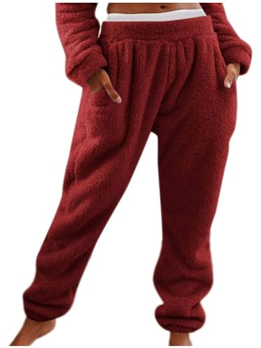 Onsoyours Damen Winter Warm Doppelseitige Fleece Hose Thermohose Jogginghose Freizeithose mit Taschen Tunnelzug Thermo Sweatpants Haushose Pyjamahose Sweathose A Burgunderrot L von Onsoyours