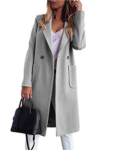 Onsoyours Damen Winter Wollmantel Lang Blazer Elegant Warm Wintermantel Steppmantel Knopf Klassische Vintage Zweireihig Revers Schlack Slim Fit Trenchcoat B Grau L von Onsoyours