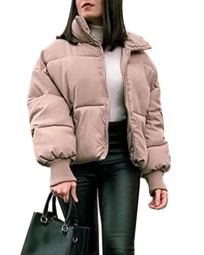 Onsoyours Damen Winterjacke Female Pufferjacke Einfarbige Taschen Reißverschluss Warmer Steppjacke Kurze Jacke Warm Gefütterte Puffer Übergangsjacke Kurzmantel ohne Kapuze Khaki M von Onsoyours