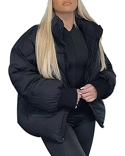 Onsoyours Damen Winterjacke Female Pufferjacke Einfarbige Taschen Reißverschluss Warmer Steppjacke Kurze Jacke Warm Gefütterte Puffer Übergangsjacke Kurzmantel ohne Kapuze Schwarz L von Onsoyours