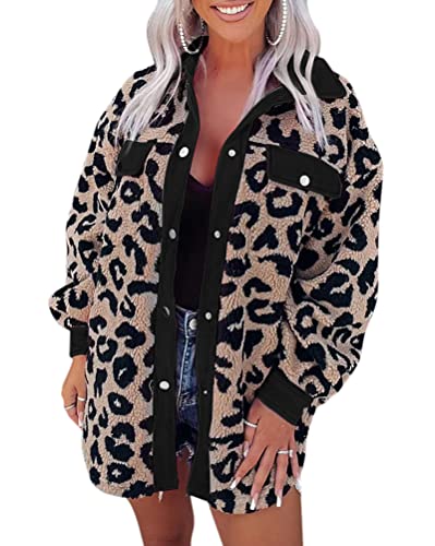 Onsoyours Damen Winterjacke Kurz Vorne Offen Revers Langarm Faux Wolle Leopard Mantel Mit Taschen Cardigan Jacke Plüsch Oberbekleidung Fleecemantel A Schwarz L von Onsoyours