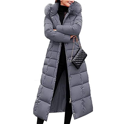 Onsoyours Damen Winterjacke Lange Daunenjacke Steppjacke Wintermantel Parka Jacke Outwear Frauen Winter Casual Warm Daunenmantel mit Pelzkragen A Grau XL von Onsoyours