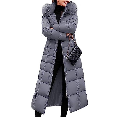 Onsoyours Damen Winterjacke Lange Daunenjacke Steppjacke Wintermantel Parka Jacke Outwear Frauen Winter Casual Warm Daunenmantel mit Pelzkragen A Grau XL von Onsoyours