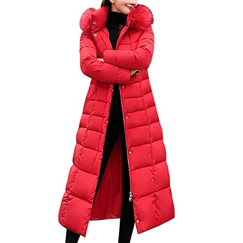 Onsoyours Damen Winterjacke Lange Daunenjacke Warm Parka Jacke mit Fellkapuze Steppjacke Wintermantel Casual Daunenmantel A Rot M von Onsoyours