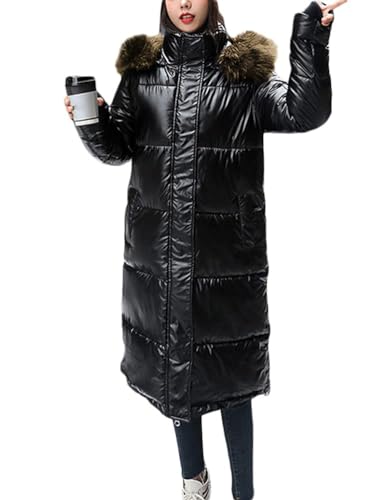 Onsoyours Damen Winterjacke Lange Daunenjacke Warm Parka Jacke mit Fellkapuze Steppjacke Wintermantel Casual Daunenmantel mit Taschen Steppweste Outdoor D Schwarz S von Onsoyours