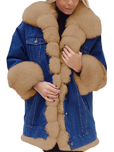 Onsoyours Damen Winterjacke Lange Warm Jeansjacke Fellkapuze Jacke mit Fell Mantel BeiläufIge Herbst Winter Übergangsjacke Outwear Revers Oberbekleidung Khaki M von Onsoyours