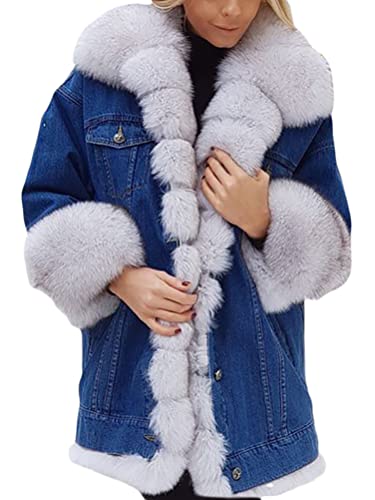 Onsoyours Damen Winterjacke Lange Warm Jeansjacke Fellkapuze Jacke mit Fell Mantel Herbst Winter Übergangsjacke Outwear Revers Oberbekleidung Weiß L von Onsoyours