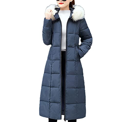 Onsoyours Damen Winterjacke Lange mit Kapuzen Daunenjacke Warm Parka Jacke mit Fellkapuze Steppjacke Wintermantel Casual Daunenmantel mit Taschen Steppweste Outcoat B Blau XL von Onsoyours