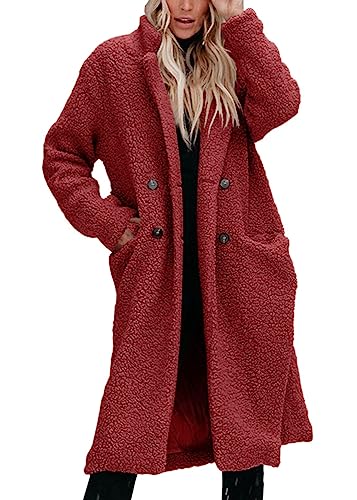 Onsoyours Damen Winterjacke Revers Parka Elegant Trenchcoat Mantel Plüschjacke Plüschmantel Teddy Fleece Jacke Lang Cardigan Outwear Coat Übergangsjacke A Rot XXL von Onsoyours