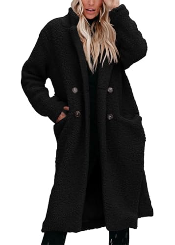 Onsoyours Damen Winterjacke Revers Parka Elegant Trenchcoat Mantel Plüschmantel Plüschjacke Teddy Fleece Jacke Lang Cardigan Outwear Coat Übergangsjacke A Schwarz XXL von Onsoyours