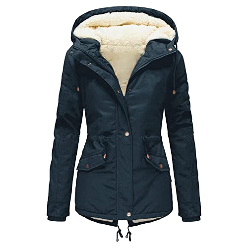 Onsoyours Damen Winterjacke Warme Winter Jacke Parka Mäntel Mit Kapuze Steppjacke Fleecejacke Einfarbig Windbreaker Gefüttert Teddyfell Dicker Slim Fit Mode Winterparka Outdoorjacke A Dunkelblau L von Onsoyours