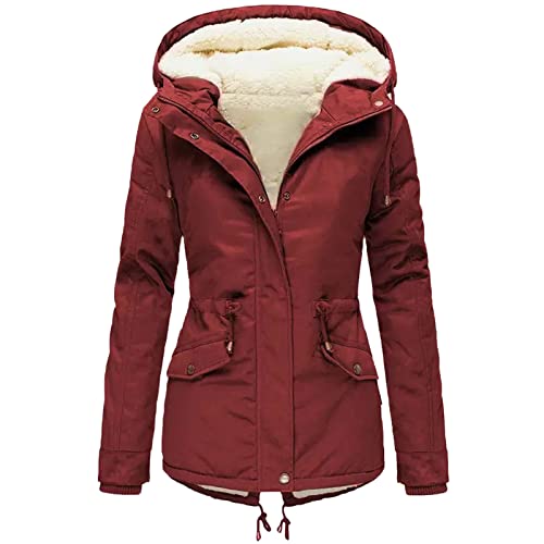 Onsoyours Damen Winterjacke Warme Winter Jacke Parka Mäntel Mit Kapuze Steppjacke Fleecejacke Einfarbig Windbreaker Gefüttert Teddyfell Dicker Slim Fit Mode Winterparka Outdoorjacke A Weinrot M von Onsoyours