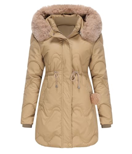 Onsoyours Damen Wintermantel Dicke Parka Steppmantel mit Kapuze Plus Samt Mantel Oversized Winterjacke Daunenjacke Lange Jacke Slim Trenchcoats Winter Dicke Coat C Khaki M von Onsoyours