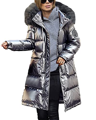 Onsoyours Damen Wintermantel Parka Daunenjacke Jacke Mantel Winterjacke Lange mit Kapuze Casual Warm Winterjacke Parka Jacke Outwear mit Taschen A Silber M von Onsoyours