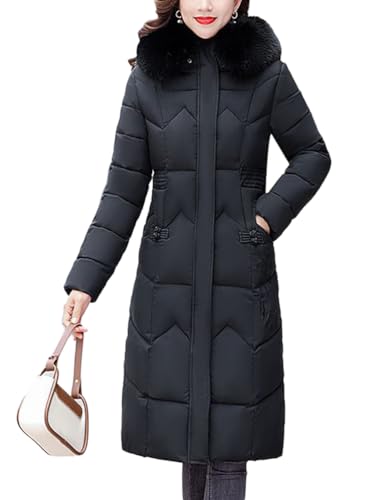 Onsoyours Damen Wintermantel Warmer Steppmantel lang mit Abnehmbarer Kapuze Damen Winter Jacke Stepp Mantel A Schwarz S von Onsoyours