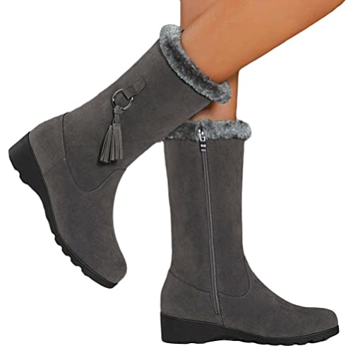 Onsoyours Damen Winterstiefel Warm gefütterte Winterschuhe Schneestiefel Herbst Winter Wildleder Schlupfstiefel Halbschaft Stiefel Boots Outdoor Schuhe B Grau 38 EU von Onsoyours