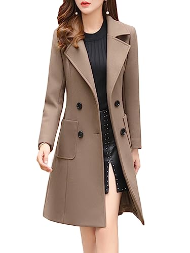 Onsoyours Damen Wollmantel Lang Winter Mantel Lange Einfarbig Wollmantel Revers Outwear Mit Taschen Slim Fit Warm Wintermantel Dicke Lang Outwear Coat mit Gürtel C Khaki S von Onsoyours