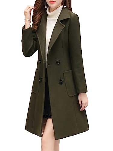 Onsoyours Damen Wollmantel Lange Wolljacke mit Reverskragen Wintermantel Frauen Übergangs Jacke Warme Winterjacke Slim Fit Langemantel C Armeegrün L von Onsoyours