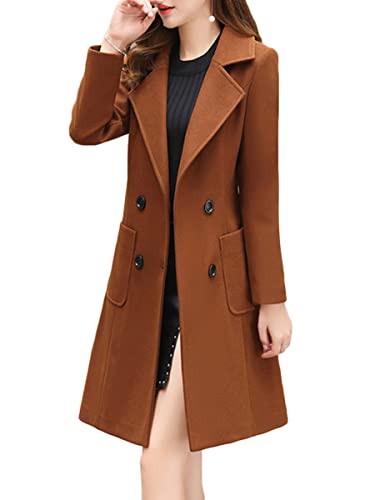 Onsoyours Damen Wollmantel Winter Mantel Lange Einfarbig Wollmantel Revers Outwear Mit Taschen Slim Fit Warm Wintermantel Dicke Lang Outwear Coat mit Gürtel C Braun 3XL von Onsoyours