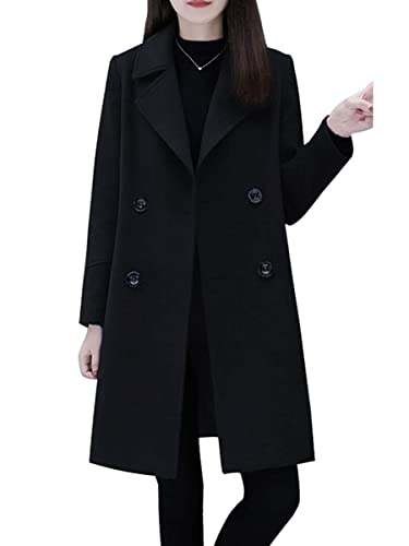 Onsoyours Damen Wollmantel Winter Mantel Lange Einfarbig Wollmantel Revers Outwear Mit Taschen Slim Fit Warm Wintermantel Dicke Lang Outwear Coat mit Gürtel D Schwarz XXL von Onsoyours