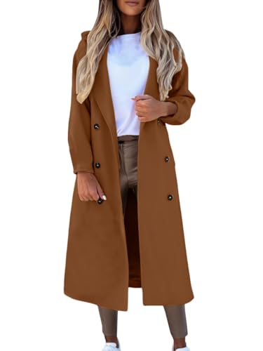 Onsoyours Damen Wollmantel Winter Mantel Lange Einfarbig Wollmantel Revers Outwear Mit Taschen Slim Fit Warm Wintermantel Dicke Lang Outwear Coat mit Gürtel E Braun XXL von Onsoyours