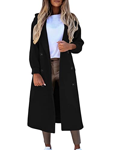 Onsoyours Damen Wollmantel Winter Mantel Lange Einfarbig Wollmantel Revers Outwear Mit Taschen Slim Fit Warm Wintermantel Dicke Lang Outwear Coat mit Gürtel E Schwarz S von Onsoyours