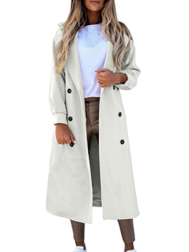 Onsoyours Damen Wollmantel Winter Mantel Lange Einfarbig Wollmantel Revers Outwear Mit Taschen Slim Fit Warm Wintermantel Dicke Lang Outwear Coat mit Gürtel E Weiß XS von Onsoyours