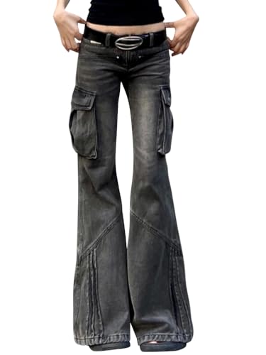 Onsoyours Damen Y2K Baggy Hosen Freizeithosen E Girl Mode Aesthetic Schlaghosen Straight Jeans 90Er Vintage Gothic Punk Cargohosen Hip Hop Streetwear A06 Schwarz L von Onsoyours