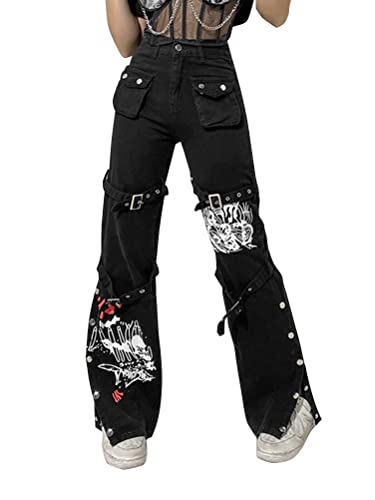 Onsoyours Damen Y2K Baggy Hosen Freizeithosen E Girl Mode Aesthetic Schlaghosen Straight Jeans 90Er Vintage Gothic Punk Cargohosen Hip Hop Streetwear Schwarz 01 L von Onsoyours