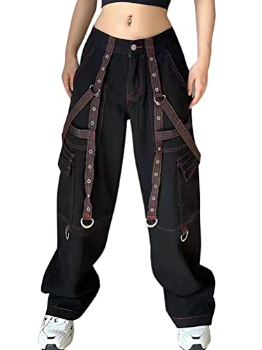 Onsoyours Damen Y2K Baggy Hosen Freizeithosen E Girl Mode Aesthetic Schlaghosen Straight Jeans 90Er Vintage Gothic Punk Cargohosen Hip Hop Streetwear Schwarz 08 M von Onsoyours