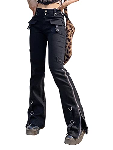 Onsoyours Damen Y2K Baggy Hosen Freizeithosen E Girl Mode Aesthetic Schlaghosen Straight Jeans 90Er Vintage Gothic Punk Cargohosen Hip Hop Streetwear Schwarz 09 L von Onsoyours