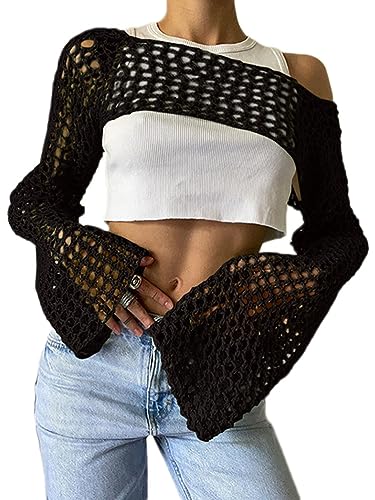 Onsoyours Damen Y2K Crochet Pullover Frauen Langarm Crop Top Einfarbig Top 90er Streetwear Gothic Punk Schulterfrei Zerrissene Strickpullover Lose Oberteile A Schwarz S von Onsoyours