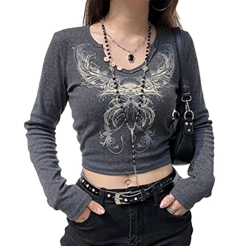Onsoyours Damen Y2K Langarm Crop Top Bedrucktes T-Shirt mit Rundhalsausschnitt Sommer Oberteil B Schwarz S von Onsoyours