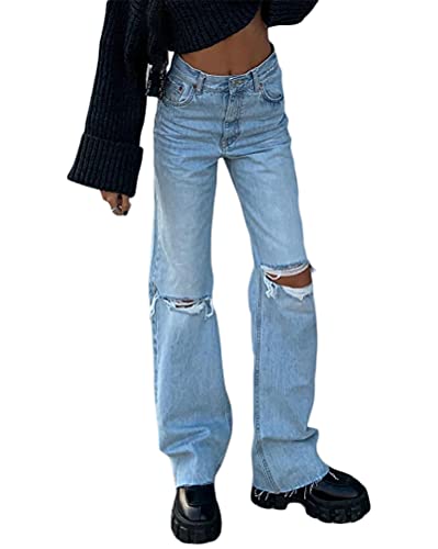 Onsoyours Damen Y2K Mode Loose Straight Jeans Jeanshose Hohe Taille Bootcut Jeans Mit Weitem Bein Baggy Pants 2 Hellblau XL von Onsoyours