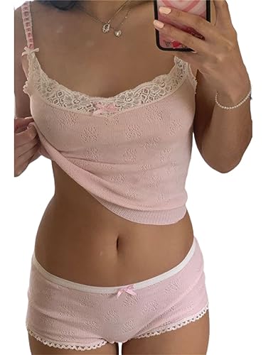 Onsoyours Damen Y2K Pyjama Set Ärmellos Sommer V-Ausschnitt Camisole Crop Top Shorts Zweiteiliger Hausanzug Clubwear Overral Streetwear Loungewear A Rosa L von Onsoyours