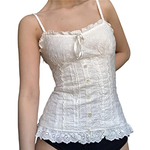 Onsoyours Damen Y2K Tops 2000s T-Shirts Spitze Trim Vintage Harajuku Knopf V-Ausschnitt Casual Pullover Tees Y2K Oberteil Camisole Top Streetwear C Weiß S von Onsoyours
