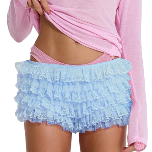 Onsoyours Damen Y2k Spitze Shorts Lolita Mini Short Layered Rüschen Trim Elastische Taille Hotpants A Blau XL von Onsoyours