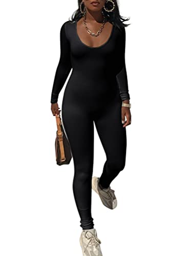 Onsoyours Damen Yoga Jumpsuits Workout Gerippte Strick Langarm Bodycon Strampler Sportanzug Jumpsuits Eckigem Ausschnitt Figurbetontem Overall Einteiligem B Schwarz XS von Onsoyours