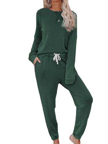 Onsoyours Damen Zweiteiler Jogginganzug Outfits Freizeitanzug Hausanzug Langarm Rundhals Pullover + Lässige Hose mit Kordelzug Trainingsanzug Sportanzug Loungewear A Dunkelgrün L von Onsoyours