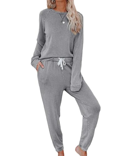 Onsoyours Damen Zweiteiler Jogginganzug Outfits Freizeitanzug Hausanzug Langarm Rundhals Pullover + Lässige Hose mit Kordelzug Trainingsanzug Sportanzug Loungewear A Grau L von Onsoyours