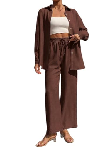 Onsoyours Damen Zweiteiler Musselin Bluse Hemd Und Lang Hose Lounge Set Elegant V-Ausschnitt Freizeit Streetwear A Kaffee 3XL von Onsoyours