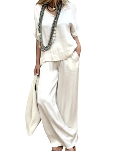 Onsoyours Damen Zweiteiler Satin Outfit Kleidung Freizeitanzug Elegant Hosenanzug 2 Teiler Set Weite Hose + Kurzarmshirt Einfarbig Loungewear Casual Streatwear Anzug A Weiß L von Onsoyours