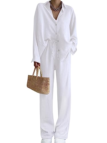 Onsoyours Damen Zweiteiler Sommer Set Elegant Hosenanzug High Waist Freizeithose Weite Hose + Button Down Langarmshirt Revers Bluse Loungewear Set Streetwear A Weiß XL von Onsoyours