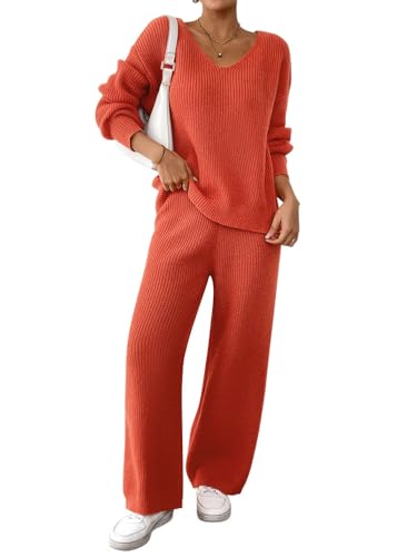 Onsoyours Damen Zweiteiler Strickanzug Hausanzug Trainingsanzug Jogginganzug Loungewear Freizeitanzug Strickjacke/Strickpullover und Lange Gerade Hose B Orange M von Onsoyours