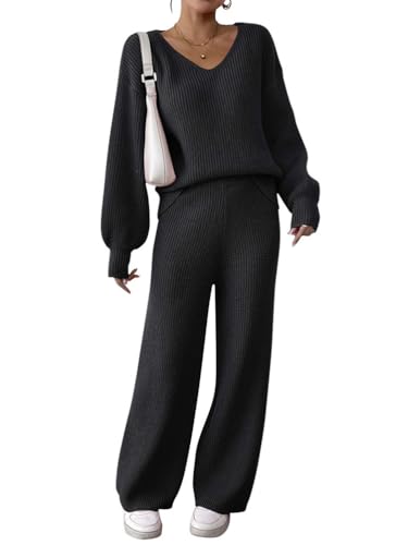 Onsoyours Damen Zweiteiler Strickanzug Hausanzug Trainingsanzug Jogginganzug Loungewear Freizeitanzug Strickjacke/Strickpullover und Lange Gerade Hose B Schwarz XL von Onsoyours