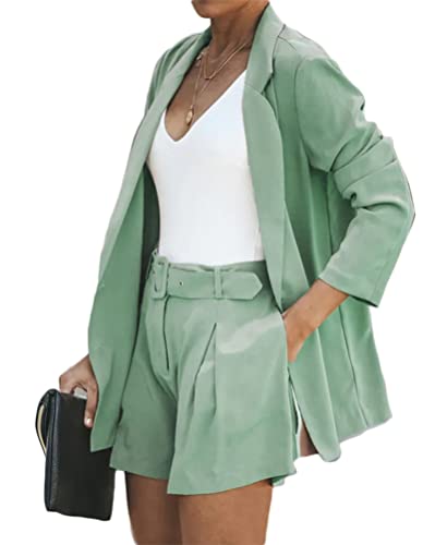 Onsoyours Damen Zweiteiliger Anzug Set Revers Business Büro Einfarbig Blazer Langarm Anzugjacke Hosenanzug Slim Fit Shorts 2 Stück Anzugsets A Grün L von Onsoyours