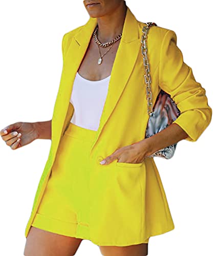 Onsoyours Damen Zweiteiliger Anzug Set Revers Business Büro Einfarbig Blazer Langarm Anzugjacke Hosenanzug Slim Fit Shorts 2 Stück Anzugsets Gelb L von Onsoyours