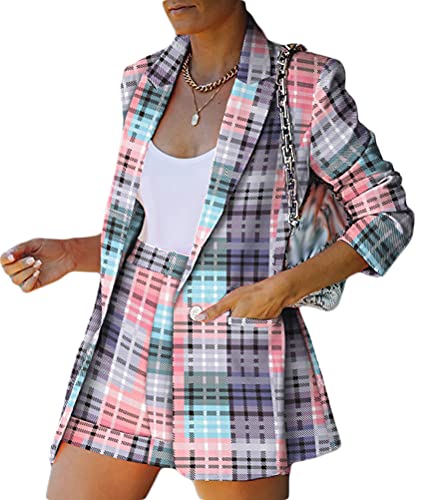 Onsoyours Damen Zweiteiliger Anzug Set Revers Business Büro Einfarbig Blazer Langarm Anzugjacke Hosenanzug Slim Fit Shorts 2 Stück Anzugsets Gemischtes Farbraster M von Onsoyours